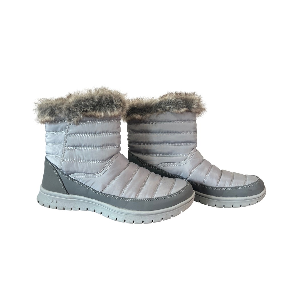 Ryka Suzy Womens Grey Quilted Puffer Snow Boots Faux Fur Trim Size 8.5M